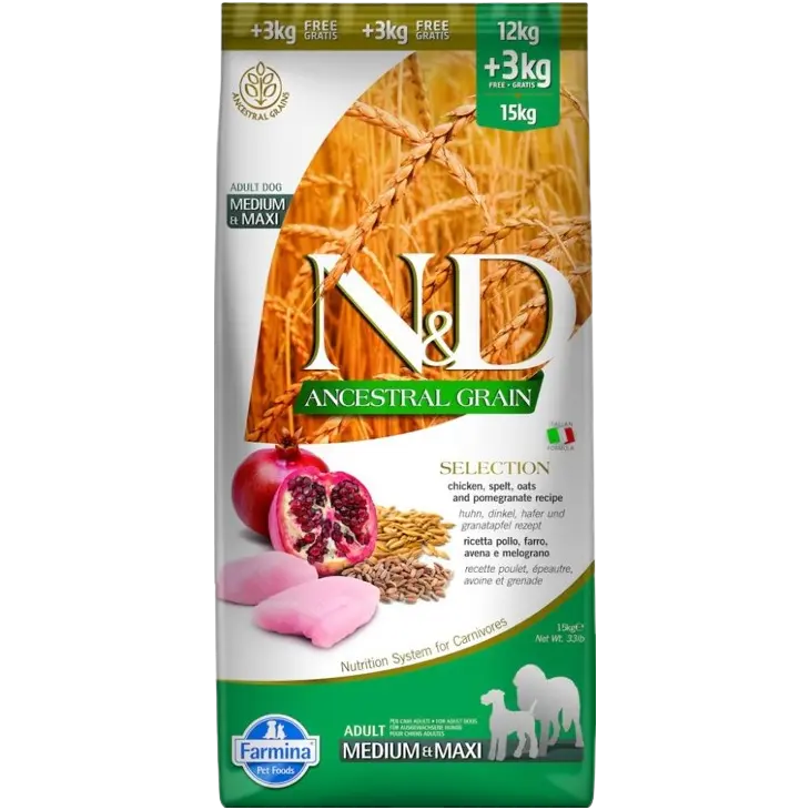 Croquettes chien – Poulet, Épeautre, Avoine & Grenade – 15kg – FARMINA N&D Ancestral Grain Medium & Maxi (Copie) FARMINA