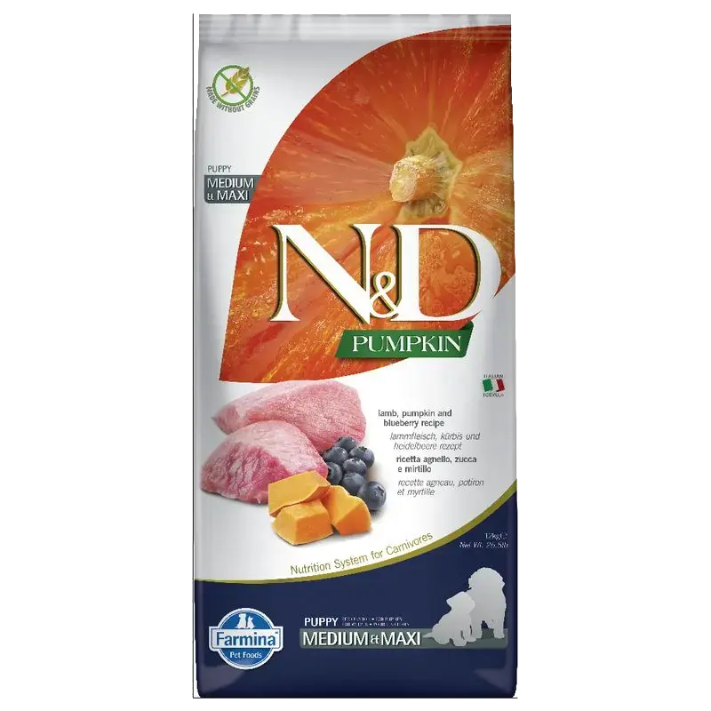 Croquettes chiot – Agneau, Potiron & Myrtille – 12kg – FARMINA N&D Medium & Maxi FARMINA